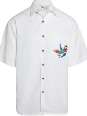 BAMBOO CAY White Casual Button-Down Shirt with Colorful Parrot Pocket